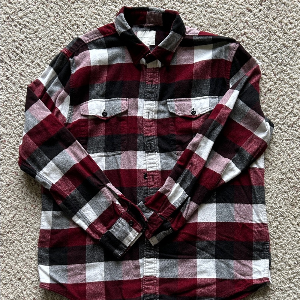 American Eagle Outfitters Men's Plaid Shirt - Burgundy, Black, White